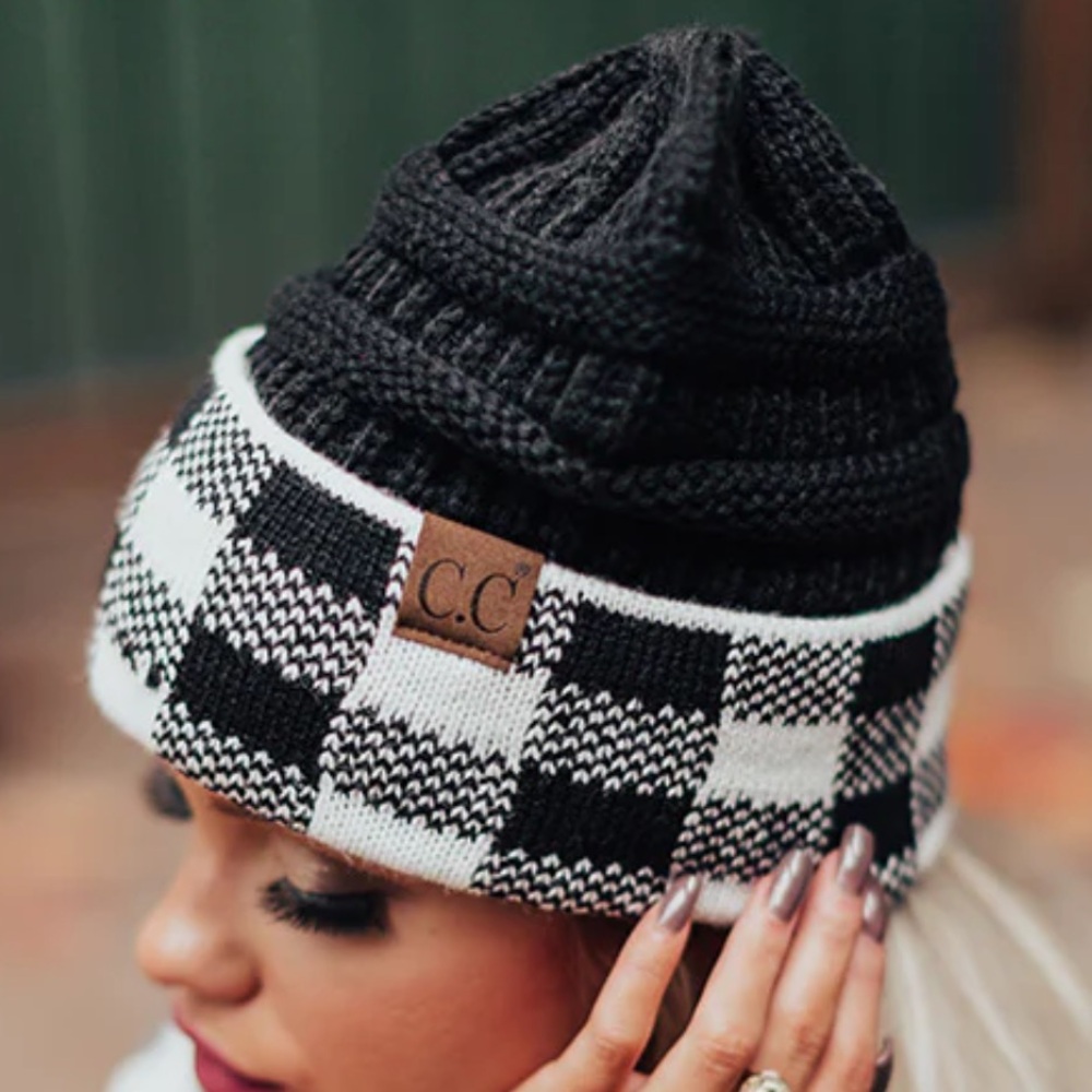 C.C. Unisex Beanie White Black Buffalo Check Cuff Hat Bun Ponytail Winter NEW